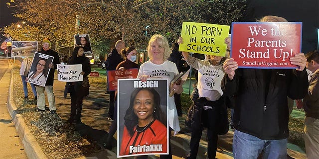 Fairfax County parents protest outside a school board meeting. Photo credit Tyler O'Neil/Fox News Digital.