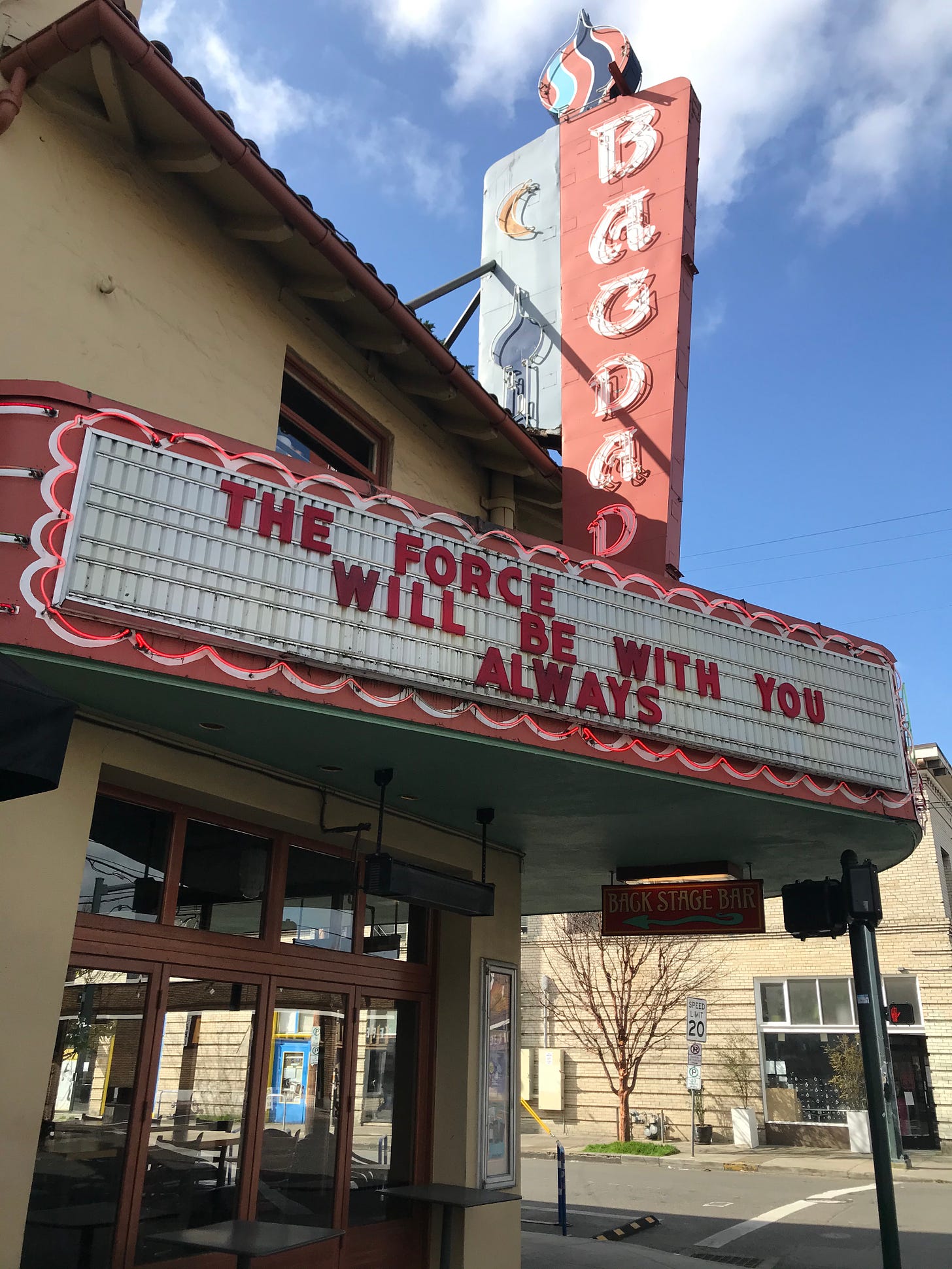 The neon marquee of the Bagdad Theater in Portland Oregon reads: The Force Will Be With You Always, on March 18, 2020, at the start of the COVID-19 pandemic.  
