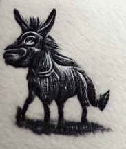 An illustration of a donkey that looks like an ink stamp.