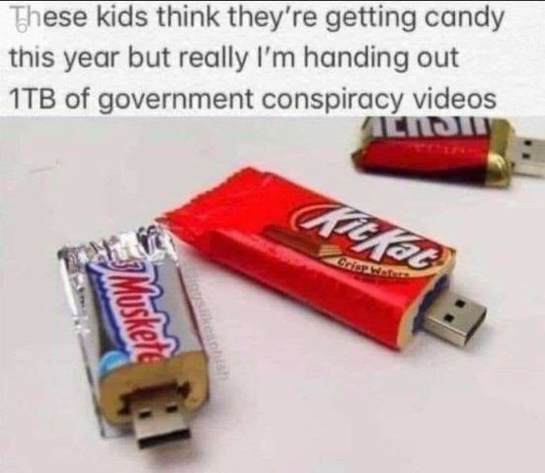 May be an image of text that says 'These kids think they're getting candy this year but really I'm handing out 1TB of government conspiracy videos AEIT KKot Criswote CRiswefers Hr'
