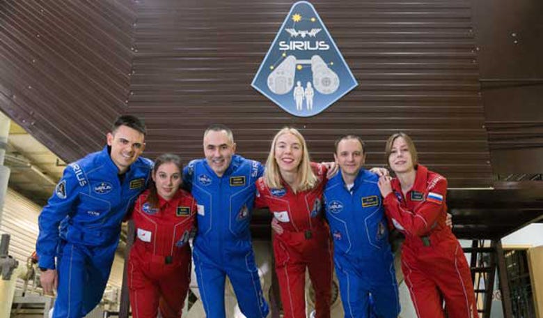 The SIRIUS crew start their journey towards the orbital lunar station. From left to right: Reinhold Povilaitis, Daria Zhidova, Commander Yevgeny Tarelkin, Anastasia Stepanova, Allen Miradkyrov and Stephania Fedeye 