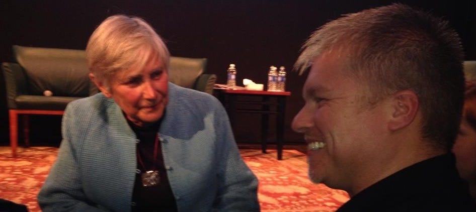 Justin Oakley meets with eventual radio guest Diane Ravitch. Photo by Marisa Graham, courtesy of Justin Oakley. --------------------------------