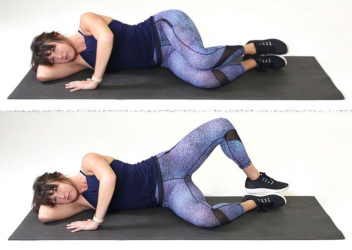 A woman doing the clamshell exercise