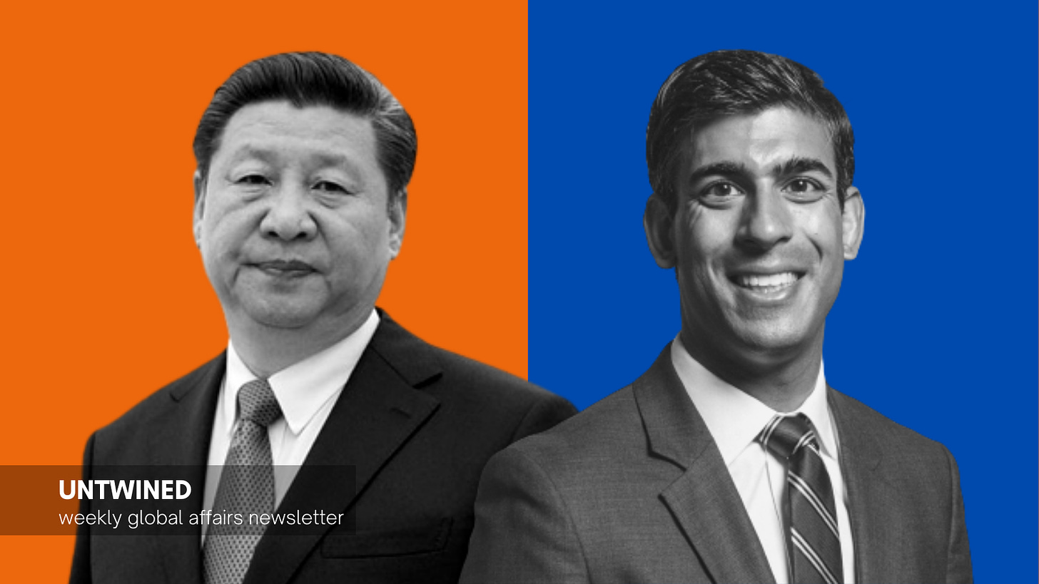 Chinese President Xi Jinping (left) and the United Kingdom’s new Prime Minister Rishi Sunak (Original images: 美国之音 (Voice of America), Public domain, and Chris McAndrew, CC BY 3.0, via Wikimedia Commons; modified for collage)