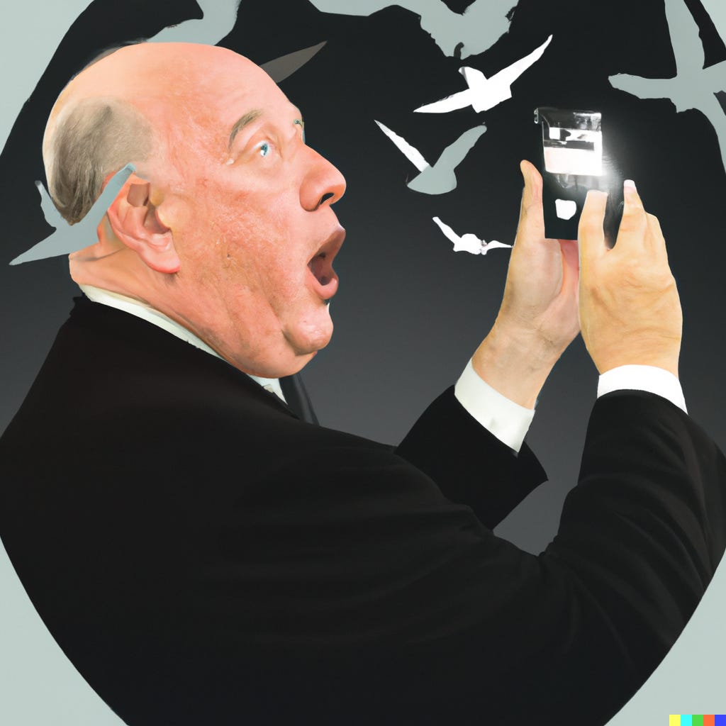 DALL-E image of a surprised Alfred Hitchcock holding a smartphone