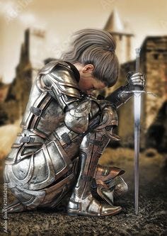 Stock Image: Female warrior knight kneeling wearing decorative metal armor with a castle in the background. 3d rendering