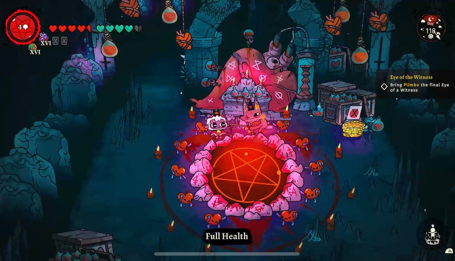 A screenshot from the game Cult of the Lamb, which shows the main character (a small white lamb) standing beside a red glowing pool overlaid with a pentagram.