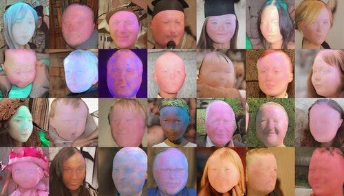 Grid of recognizably human faces, but their features are becoming indistinct and their foreheads have expanded. Most have taken on an orange, blue, or magenta cast.