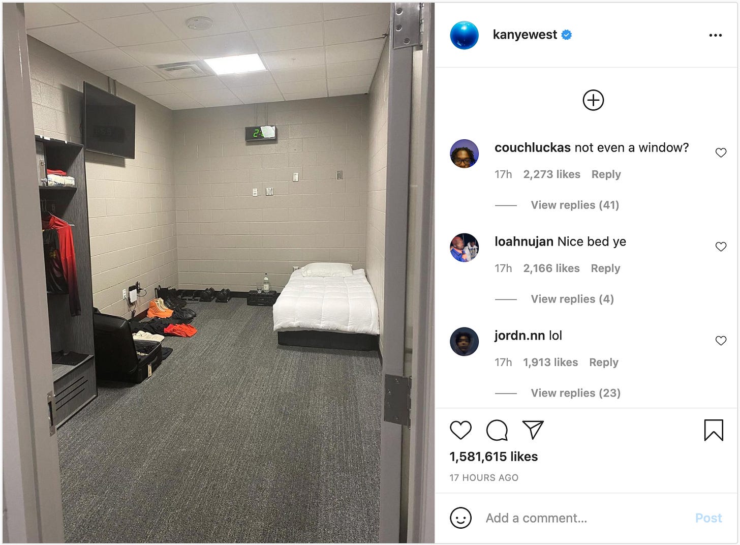 Instagram post of Kanye's room in the Atlanta stadium. It's very small and bare and grim.