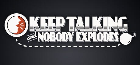 Logo estilizado de Keep Talking and Nobody Explodes. Na esquerda, um símbolo branco e vermelho com uma pessoa falando. A direita, a figura de uma bomba esférica.