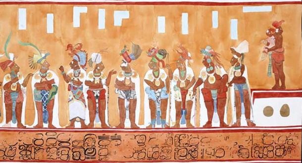 Detail of a Maya Bonampak mural. Note the priest and child on the upper right side. 