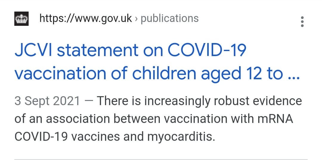 May be an image of text that says 'https://www.gov.uk publications JCVI statement on COVID-19 vaccination of children aged 12 to 3 Sept 2021 There is increasingly robust evidence of an association between vaccination with mRNA COVID-19 vaccines and myocarditis.'