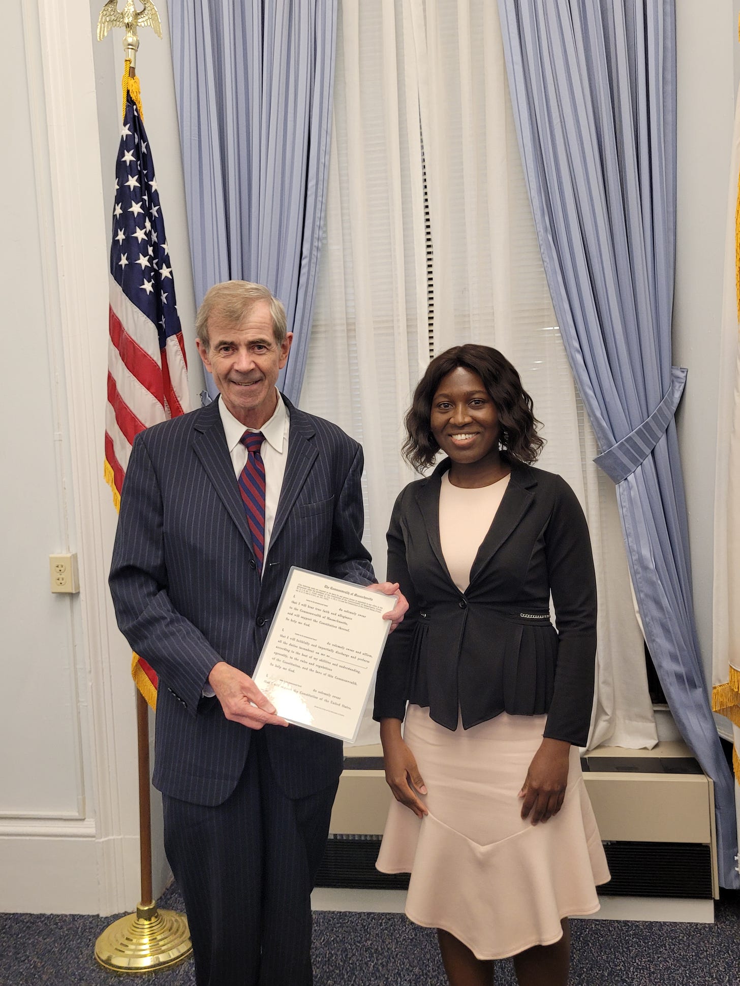 Attorney Manza Arthur is sworn in as the new supervisor of public records by Secretary of the Commonwealth William F. Galvin. (Credit: Secretary of the Commonwealth’s Office)