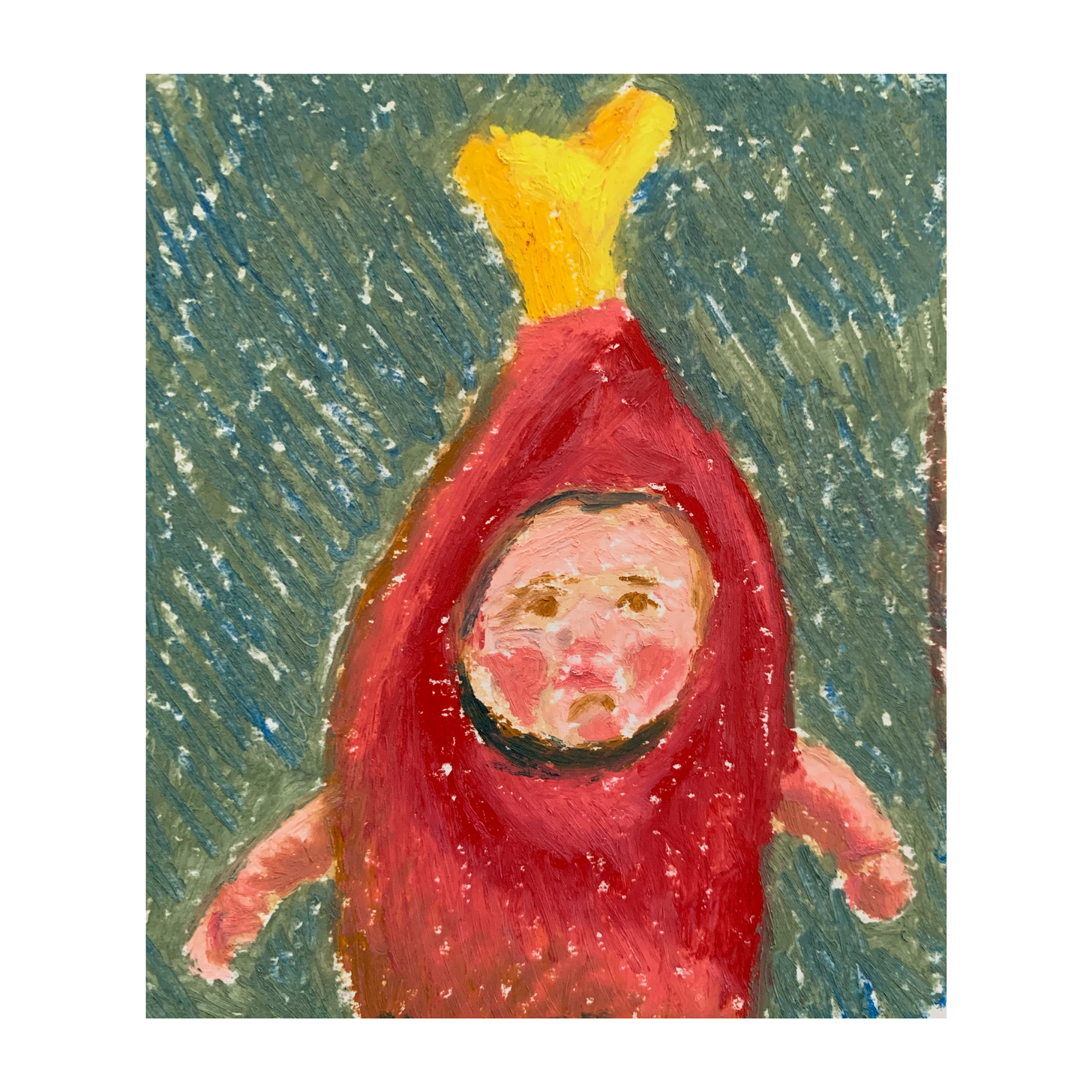 A crayon drawing of a baby in a ham costume