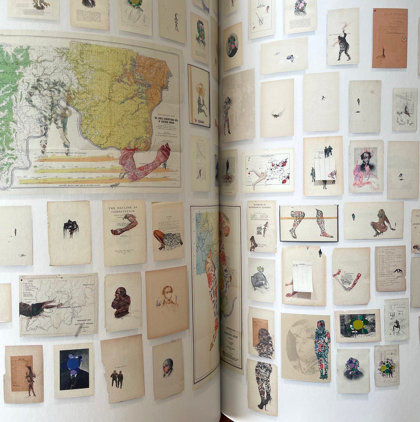 Photograph of two pages in Firelei Báez's book Bloodlines showing what look like archival material with paintings on top.