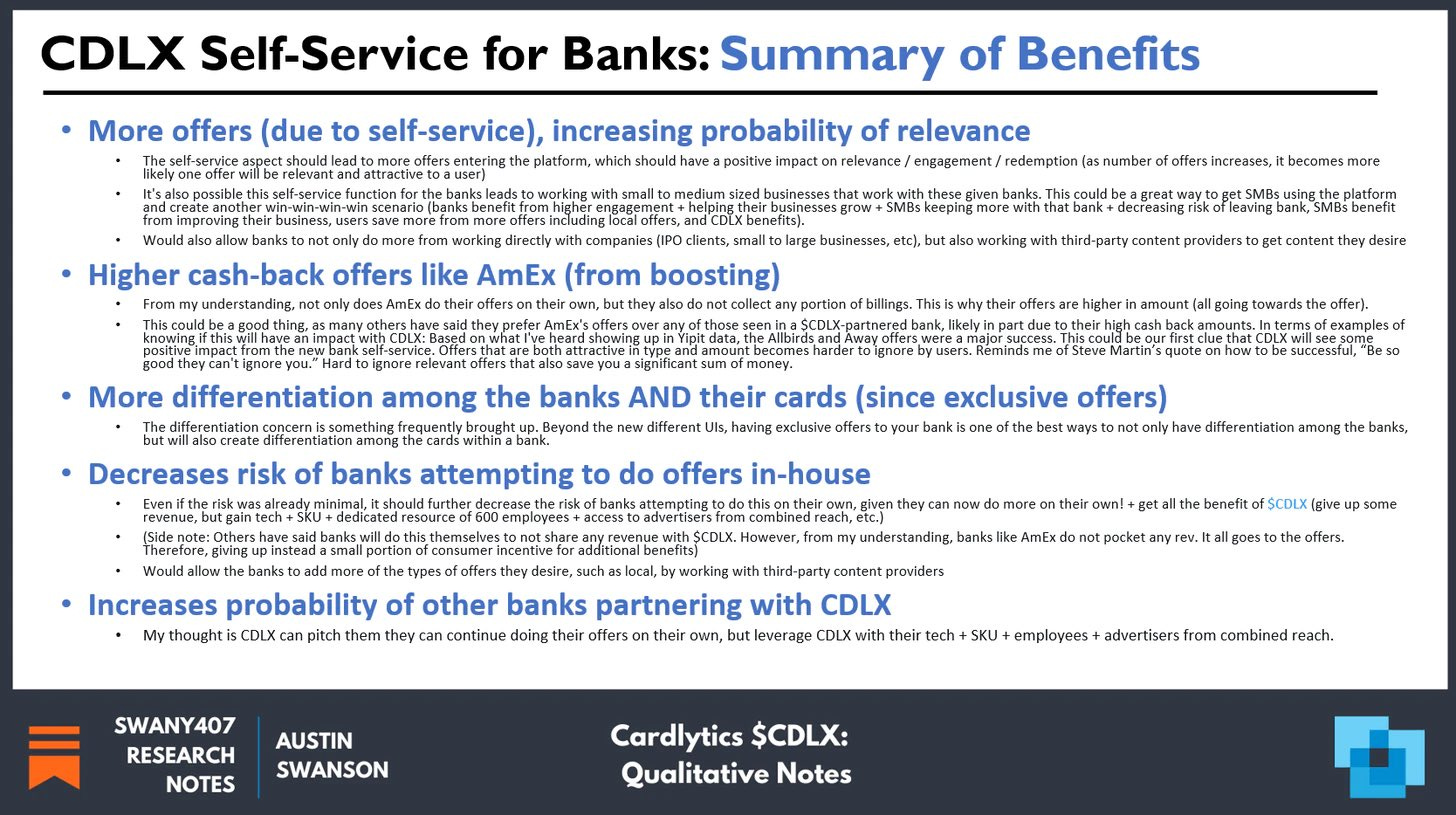 Cardlytics $CDLX: Thoughts Following Q1 2022 Earnings and Price Decline, Austin Swanson, Swany407, Discussions on BofA, Cloud, Bank Improvements, More Spend by Banks, Solving the Attribution Problem, CDLX Insights, Self-Service Update and Scalability, Dosh Partners and Marquee Partner, and more.