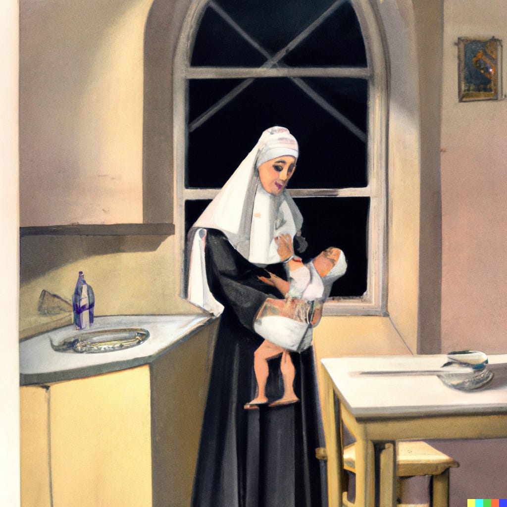 pulp paperback artwork of a 5-year-old boy in pajamas sees a nun holding a baby while in the kitchen of an orphanage at night
