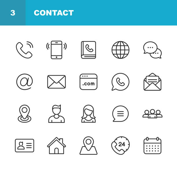 Contact Line Icons. Editable Stroke. Pixel Perfect. For Mobile and Web. Contains such icons as Smartphone, Messaging, Email, Calendar, Location. 48x48 network stock illustrations