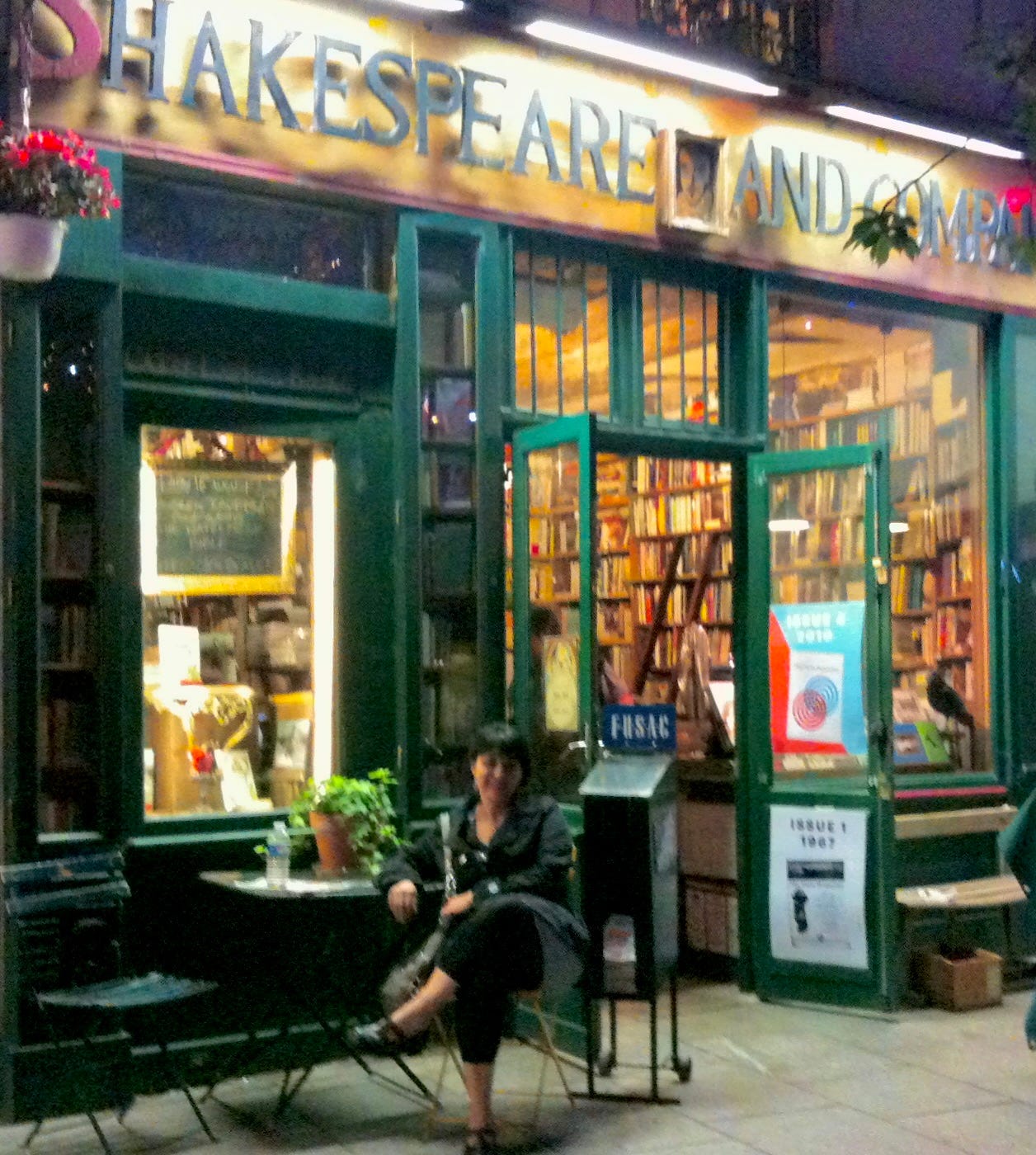 Playwright, Bianca Bagatourian in front of the Shakespeare & Co bookstore in Paris