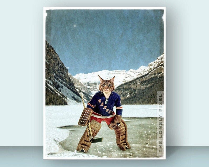 New York Rangers art print  Hockey cat  5x7 8x10 11x14 image 1