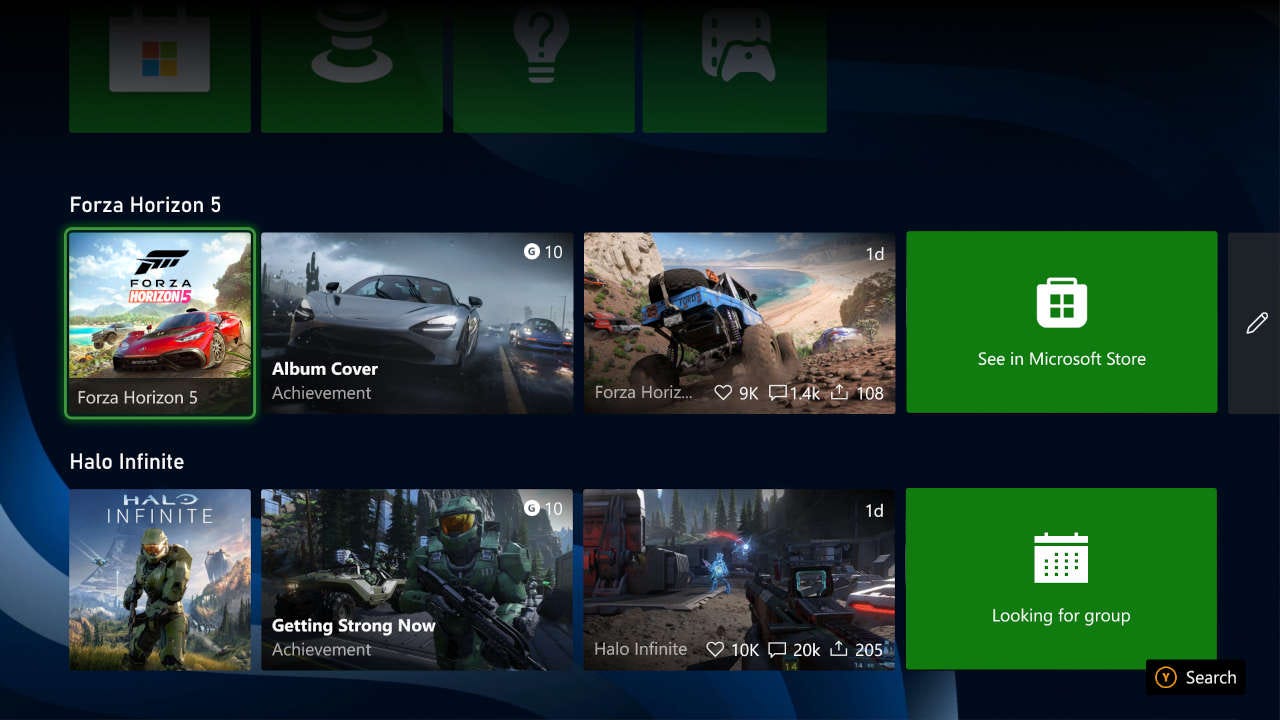 A screengrab of the Xbox home screen showing two pinned games