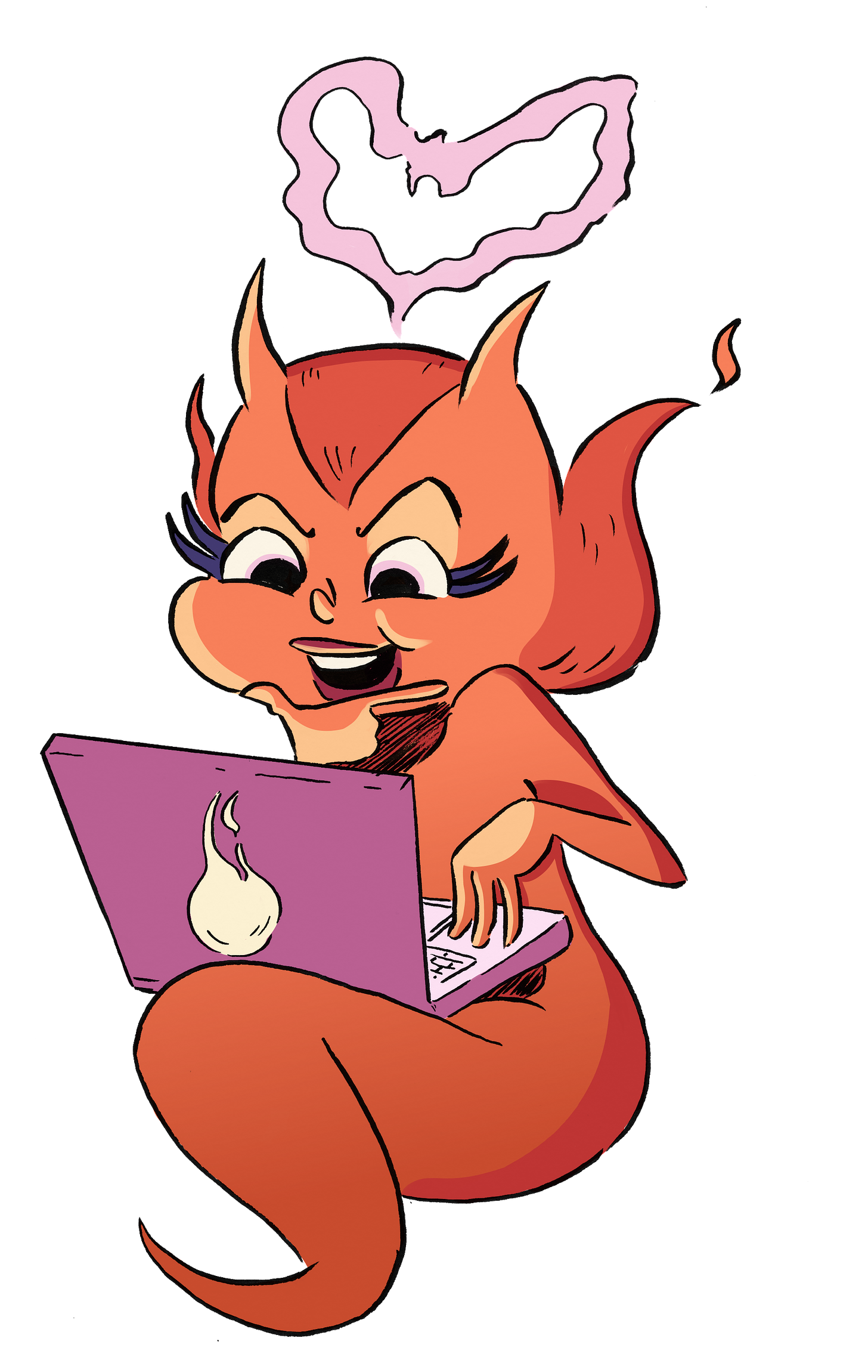 Evie, a cute fiery devil, on her laptop