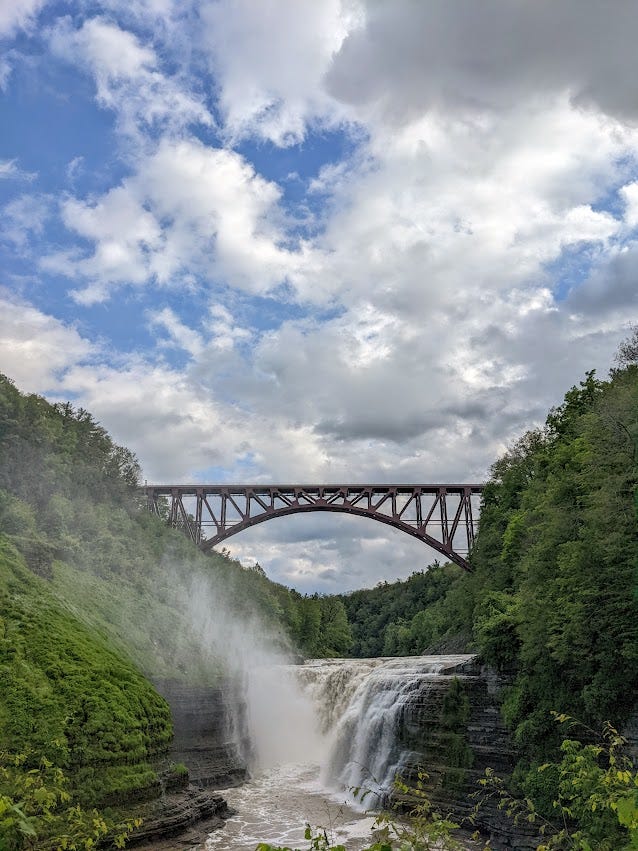 A railroad bridge over a waterfall on a river.