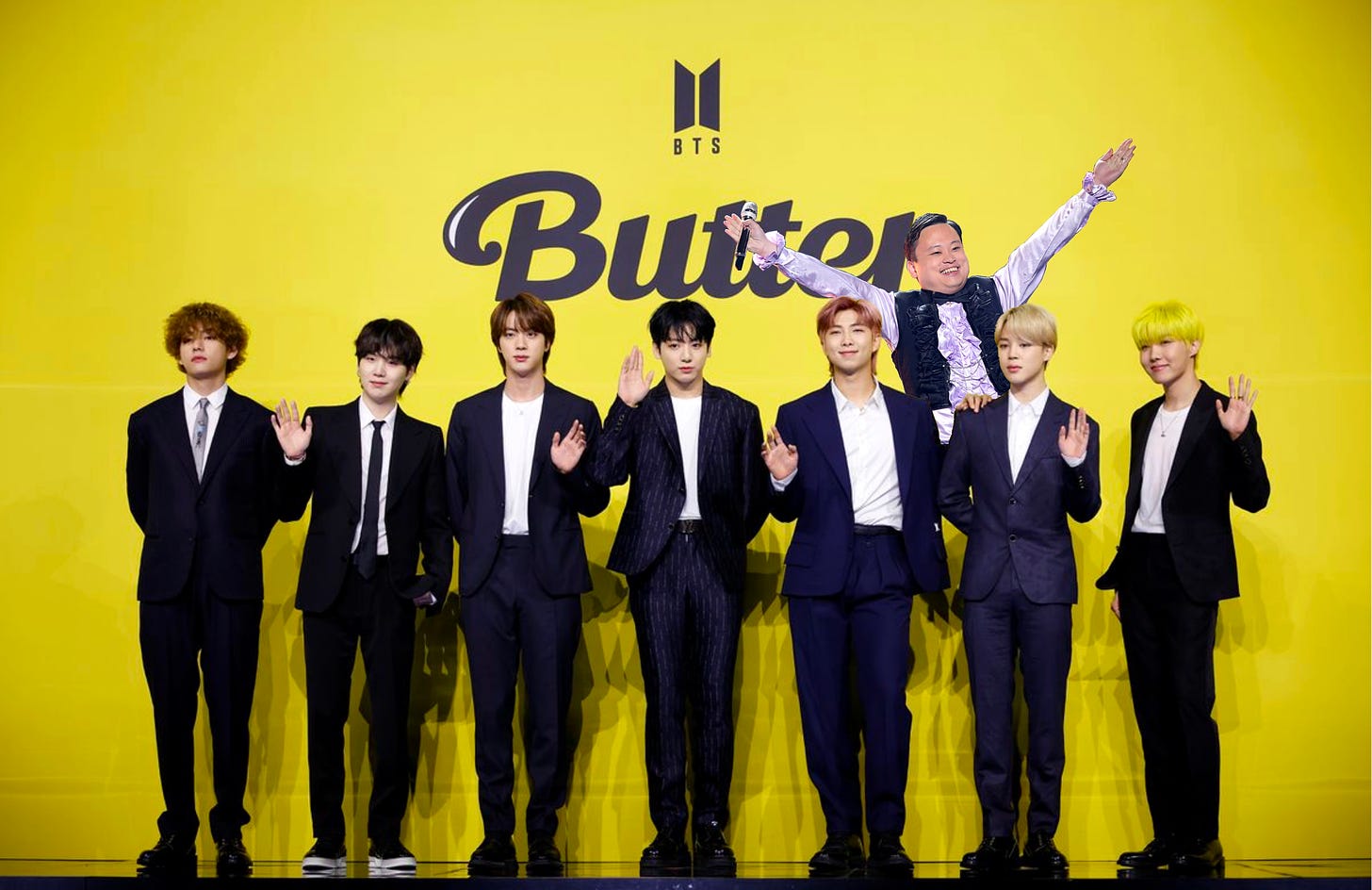 BTS standing in front of Butter backdrop with William Hung photoshopped in