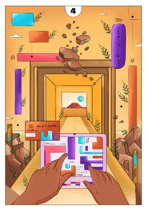 Illustration of gateway in a desert landscape - illustration by Carol Michelon entitled 'Sentences'