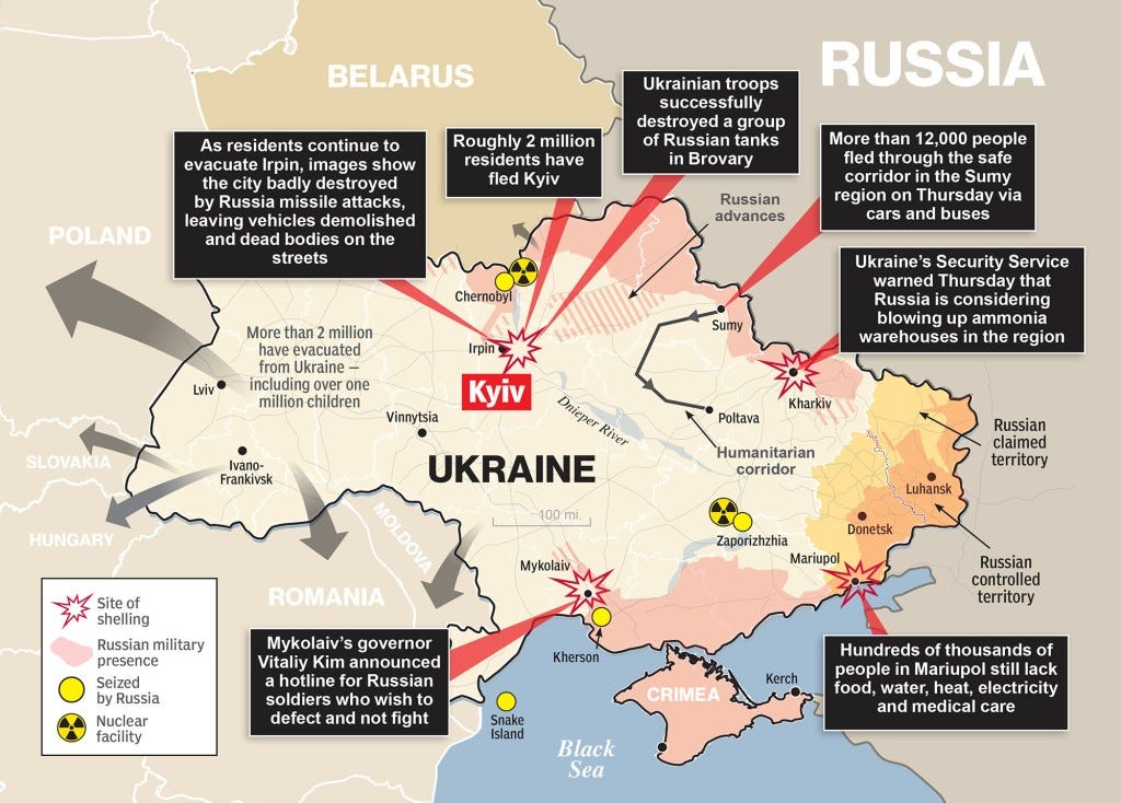 A map of Russian attacks on Ukraine as of March 10, 2022.