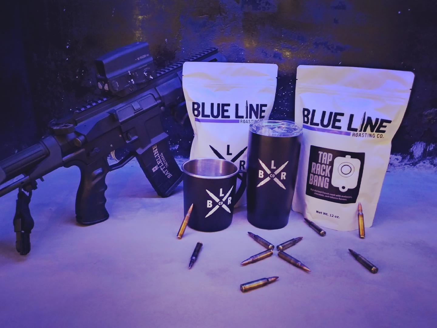Blue Line Roasting Co coffee with a big gun and bullets