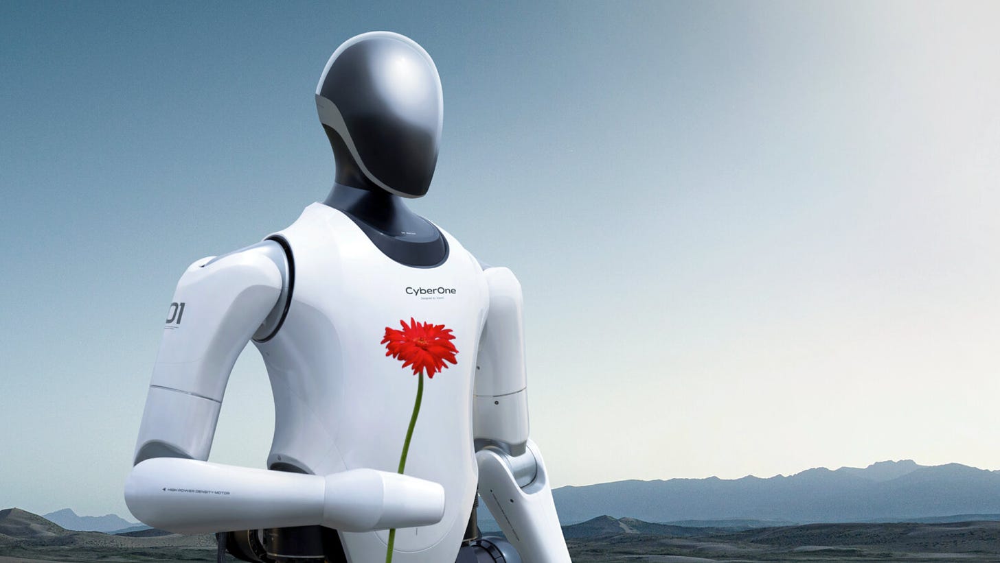 Faceless robot presenting a rose 