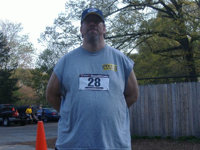 While it's not the 'after' picture yet, there is less of me. I put this on just in case people at the event wondered how I knew about it - well, I was number 28, that guy wearing the Harris sticker.