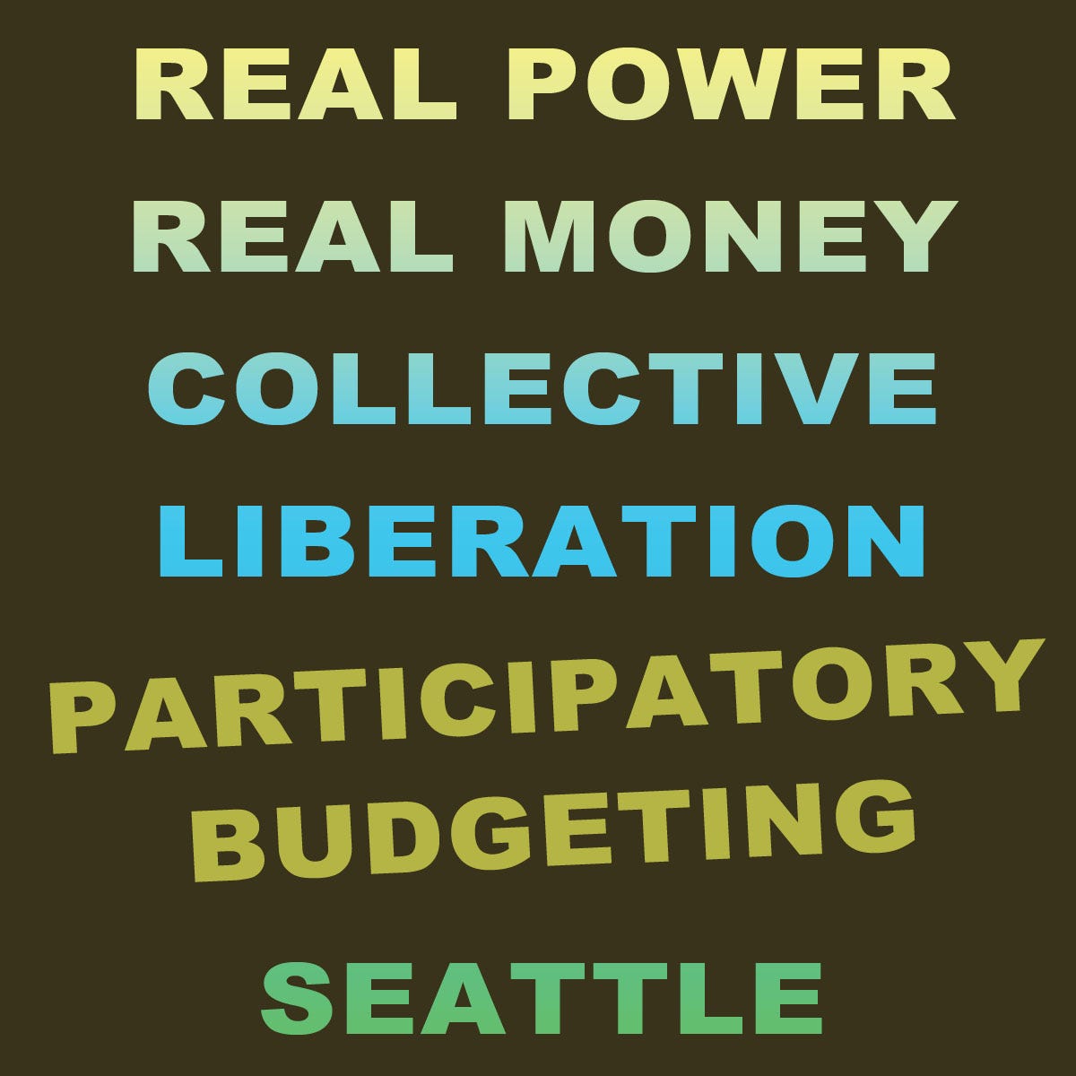 A flier with the bold words “real power”, “real money”, “collective liberation”, “participatory budgeting”, “Seattle”