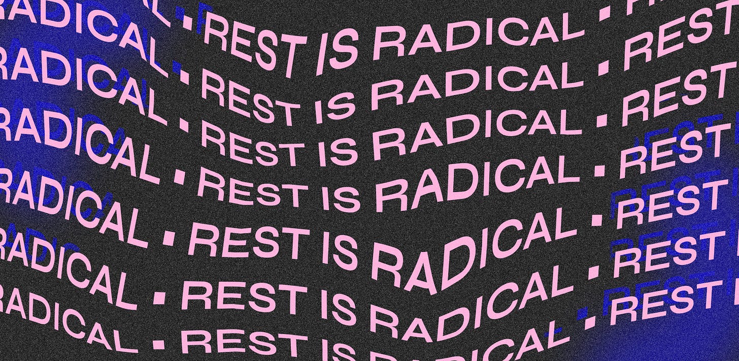 A black background and pink, warped and wavy text that reads "rest is radical" repeated over and over again. 