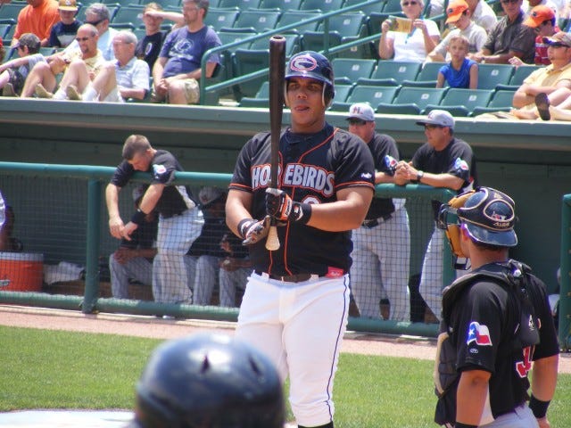 Elvin Polanco checks to see if he cracked his bat after a foul ball in this game on July 1st.