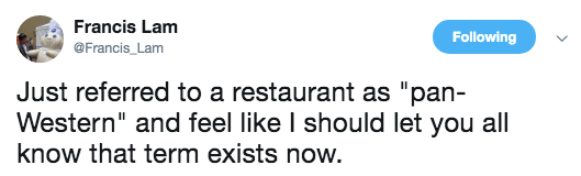 Screenshot of a funny tweet about pan-Western cuisine