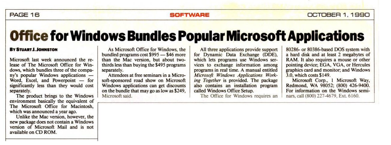 Headling from October 1, 1990 "Office for Windows Bundles Popular Microsoft Applications"