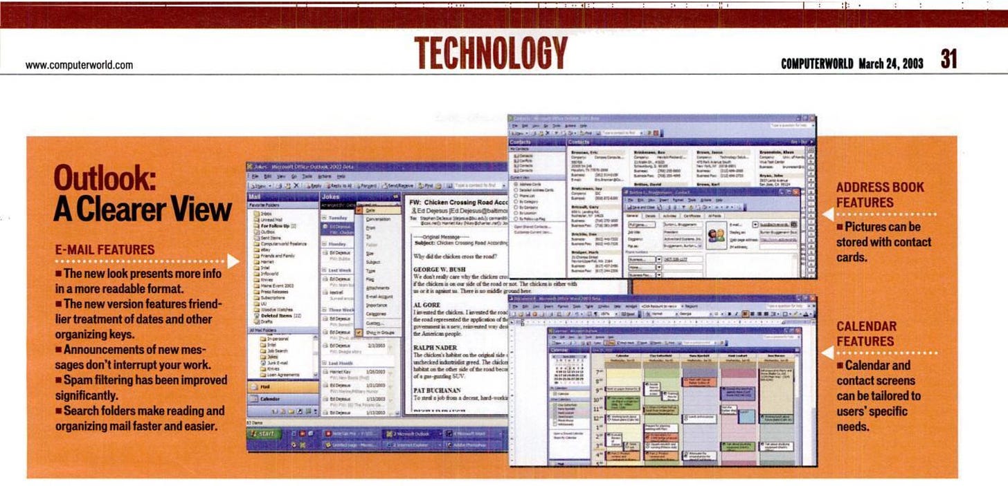 Several screens of Outlook in a review calling out many of the features.