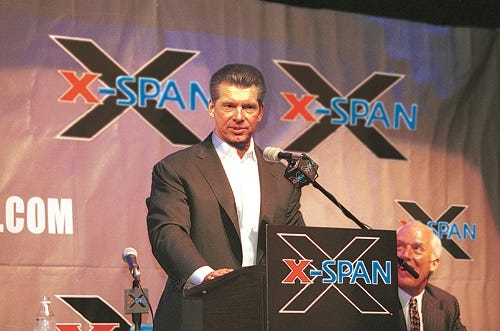 McMahon announces his new “in-your-face” 24-hour congressional cable channel.