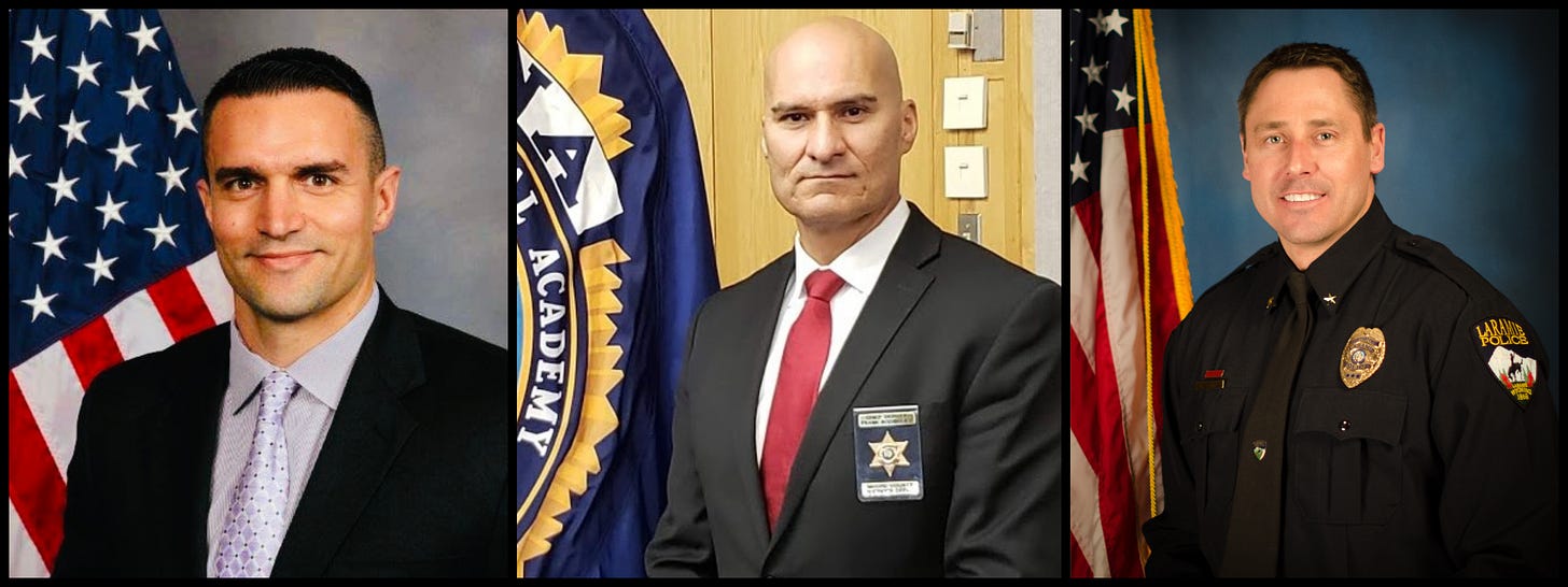 Three portraits side by side: First shows Brian Browne in a suit before an American flag, second shows Frank Rodriguez in a suit next to an FBI flag, third shows Robert Terry in LPD uniform, also next to an American flag.