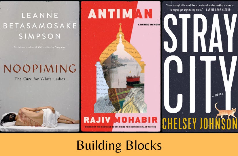 Covers of the three featured books in a row, above the text ‘Building Blocks’ on an orange background.