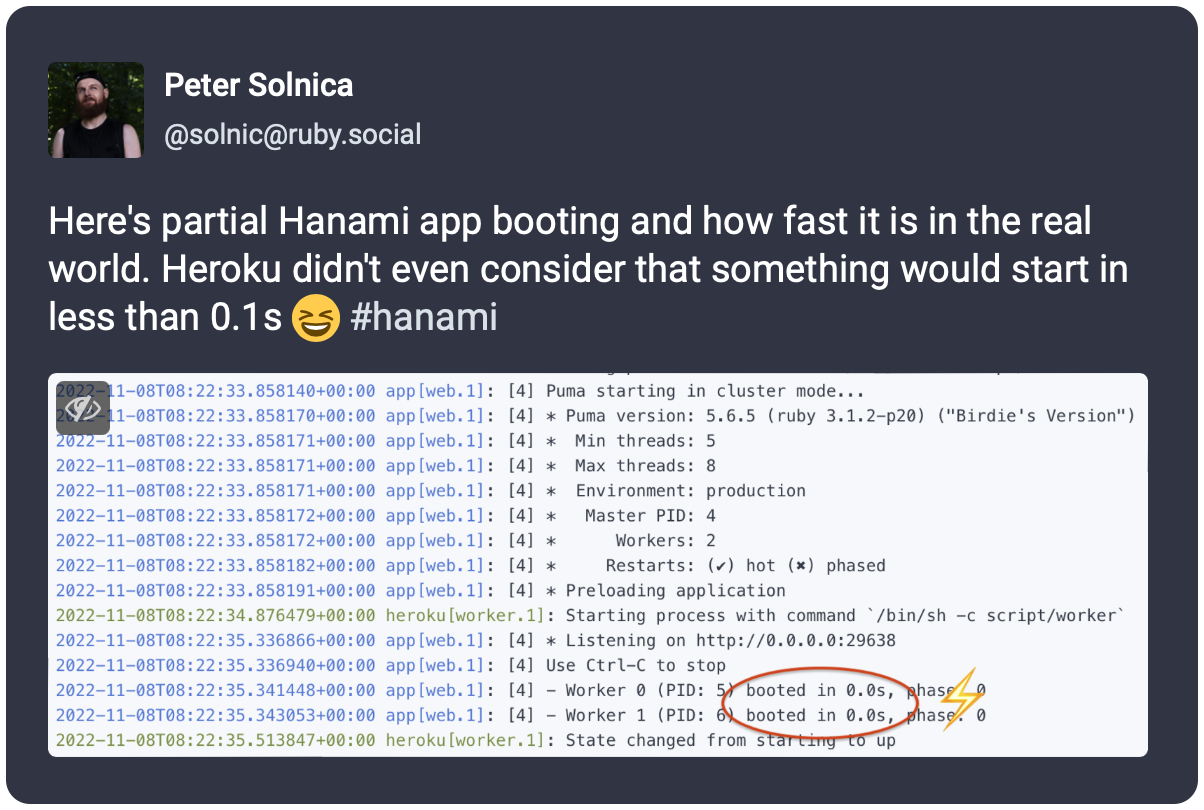 Here's partial Hanami app booting and how fast it is in the real world. Heroku didn't even consider that something would start in less than 0.1s 😆 #hanami