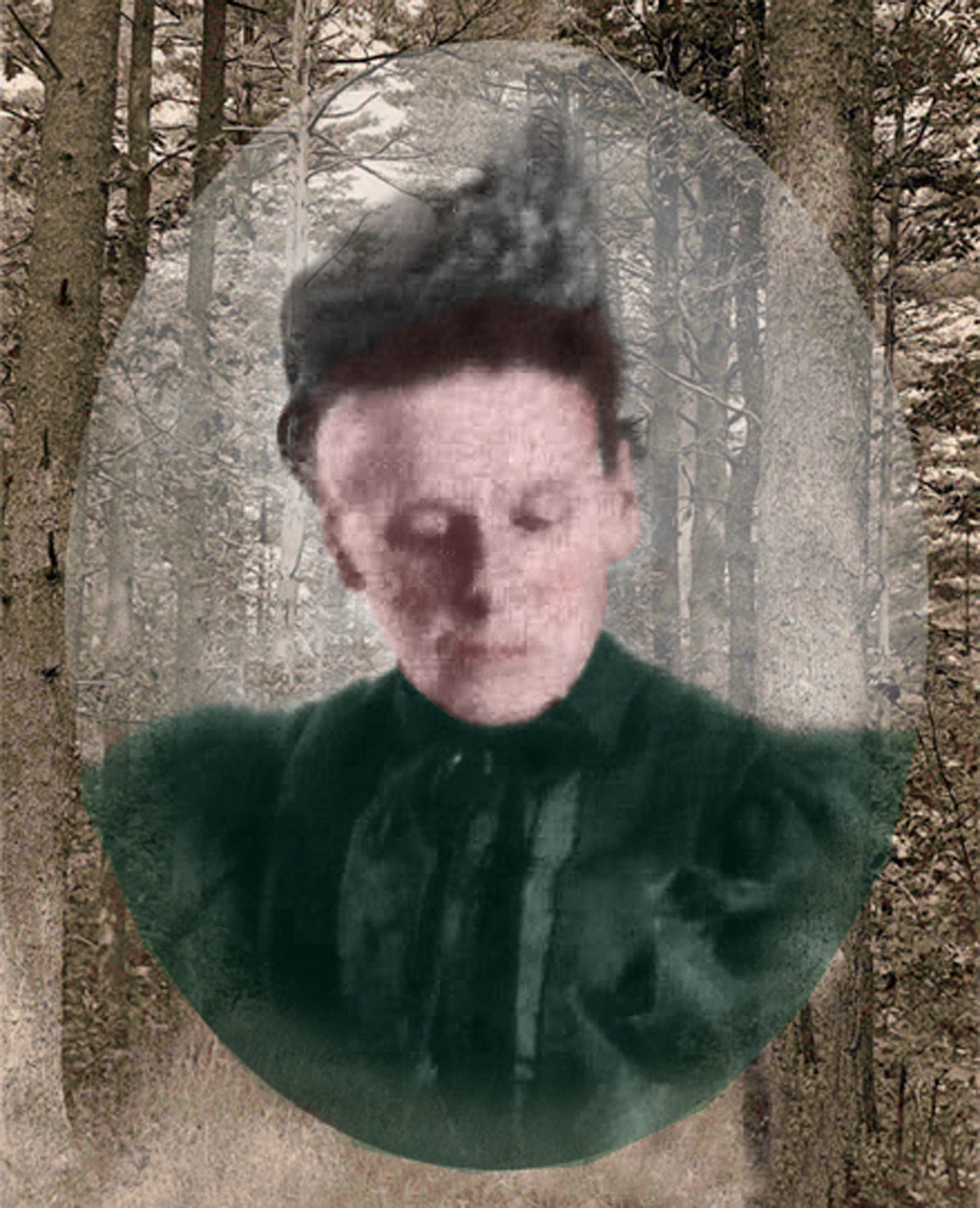 tinted portrait of severe-looking 19th'century woman in high-necked collar and hat with a bird's wing. Set artfully into a historic photo of a pine forest