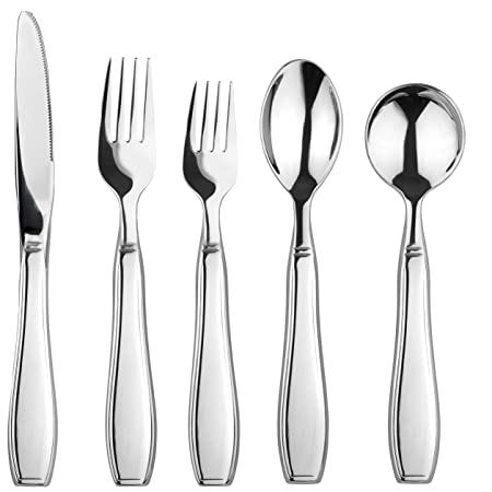 Amazon.com: Linelax Weighted Utensils for Tremors and Parkinsons - 5 Piece  Heavy Weight Steel Silverware Set of Knife, 2 Forks, Teaspoon and Soup  Spoon - Adaptive Eating Flatware Helps Hand Tremor, Parkinson :