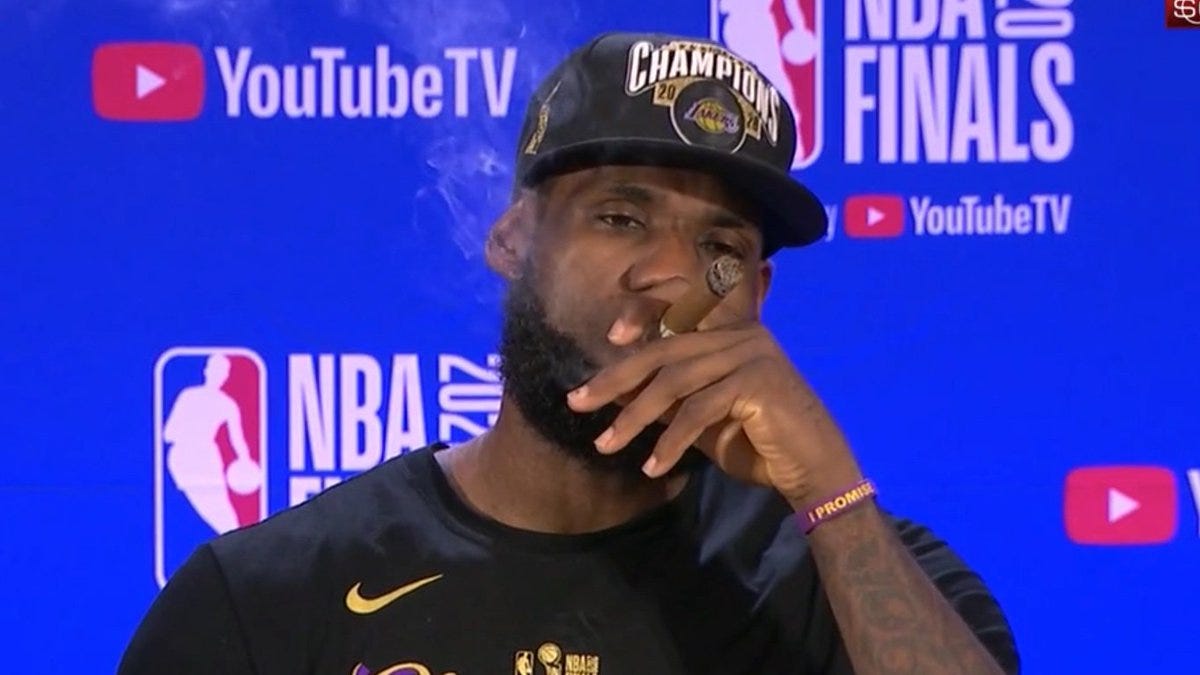 Goal on Twitter: "LeBron James sucking back on a cigar at his press  conference is BOSS LEVEL 🚬🐐 🏆 - NBA Championship with LA Lakers 🏆 -  Premier League title with Liverpool