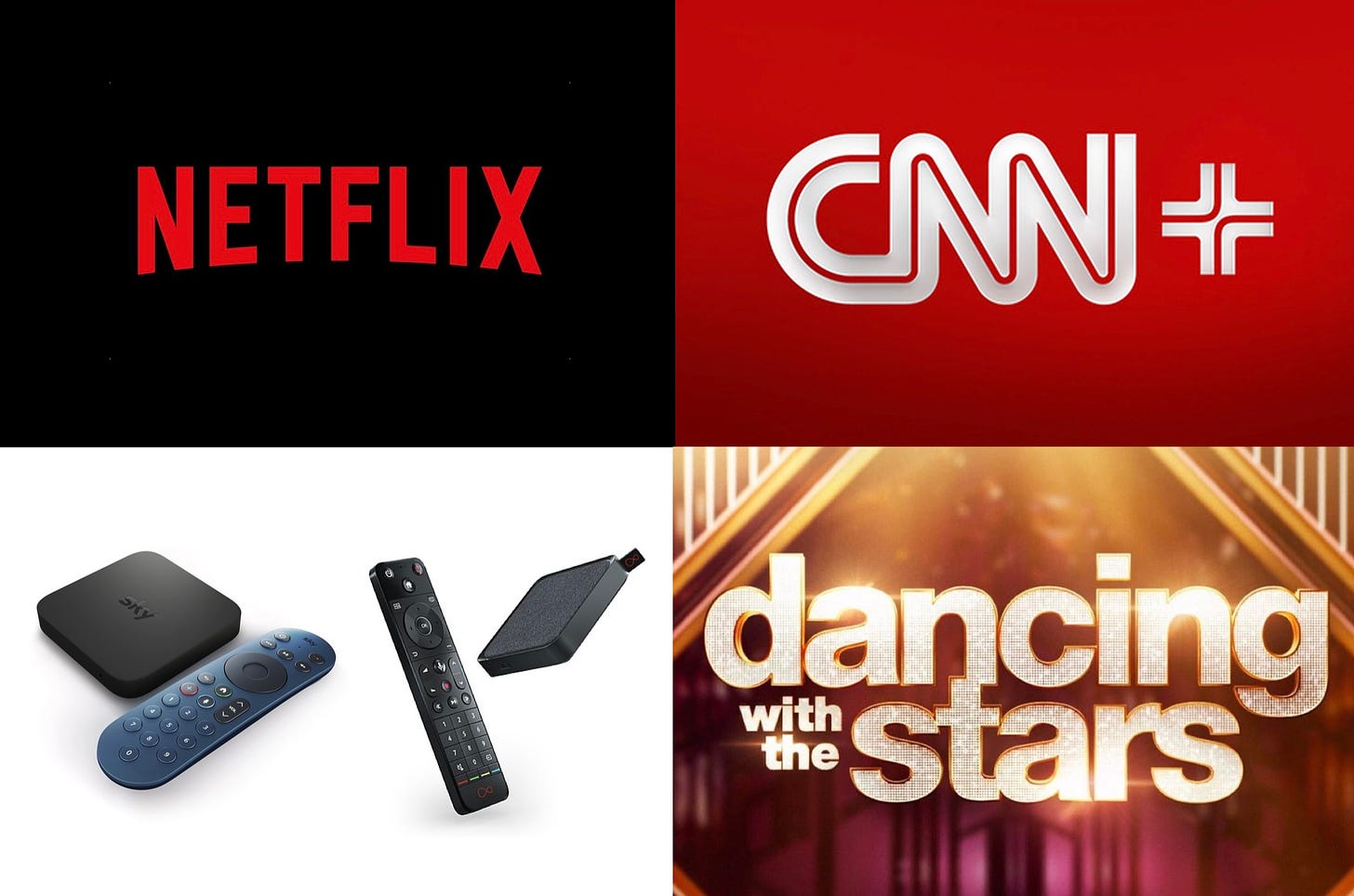 Montage of Netflix logo, CNN+ logo, Sky & Virgin’s IP-only boxes & Dancing with the Stars logo