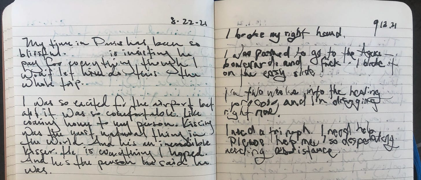 Two pages in a journal two weeks apart. The first is elegant script and details an arrival in Paris. The second is scrawling and jagged, detailing a broken hand.