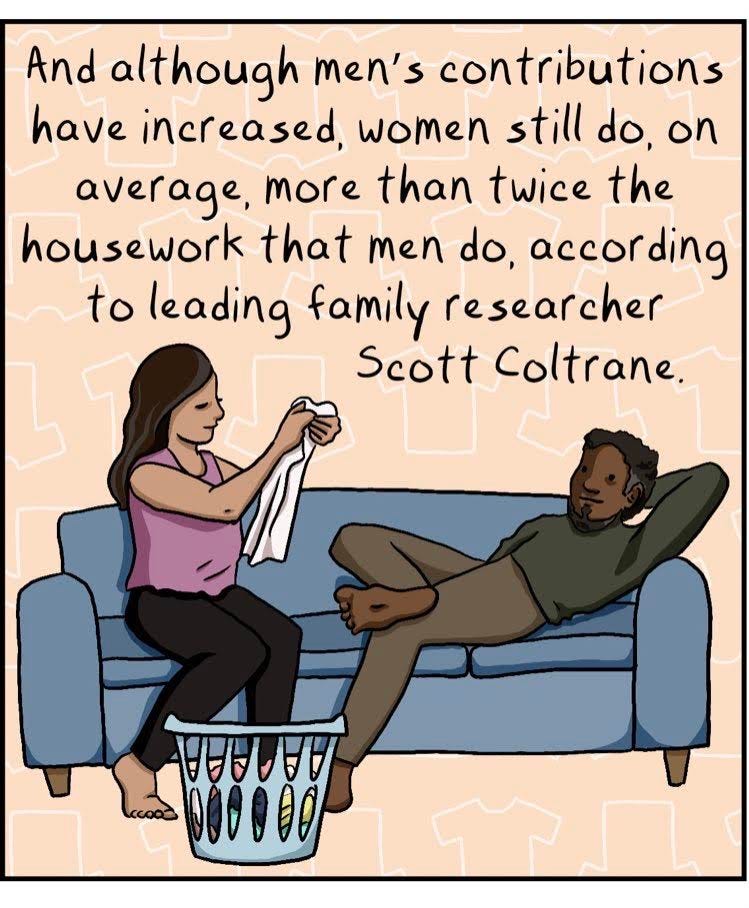And although men's contributions have increased, women still do, on average, more than twice the housework that men do, according to leading family researcher Scott Coltrane.