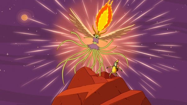 on top of a mountain against a night sky, Magic Man stands but is dwarfed by MARGLES, a woman who has now sprouted tentacles, wings, and has a burning flame coming out of a crown on her head